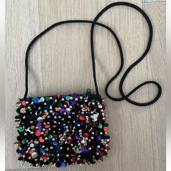 Vintage DANCIN' purse / handbag bright shiny sequins  gold beads Sparkling *D6 - Picture 2 of 5